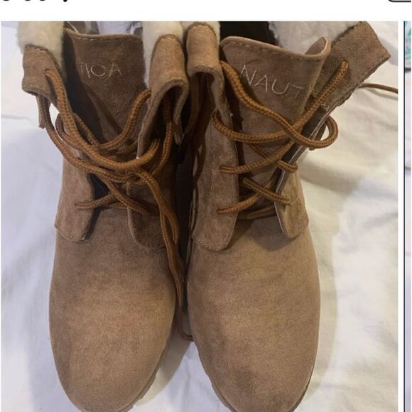 Sz 9 nautica tan nubuck suede lace up wedge heel booties/ankle boots flip down - Picture 3 of 6